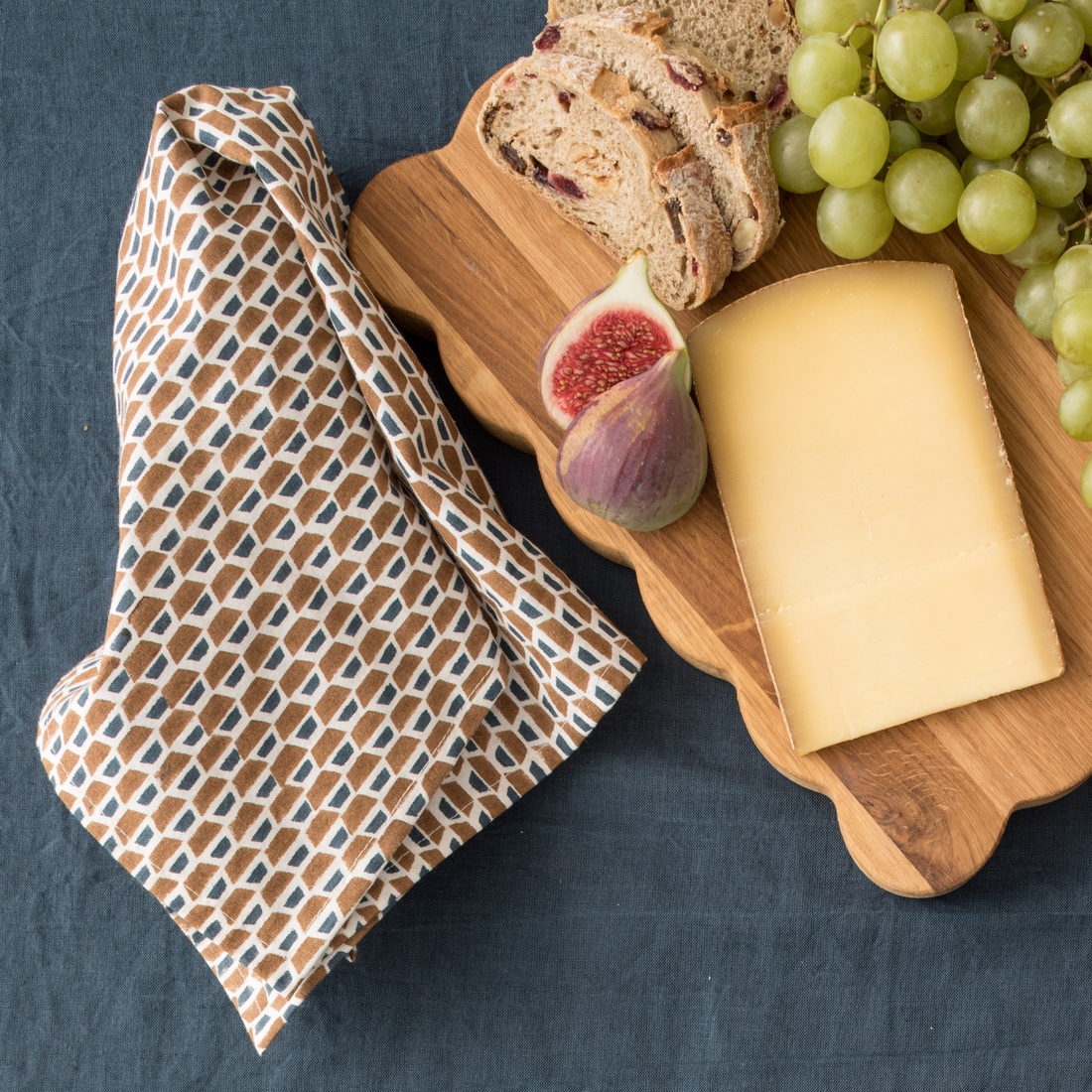 Our mustard tablecloth and napkins in our Juliette print.